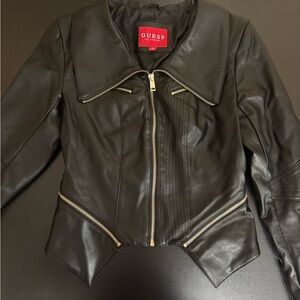 Guess Women's Black Leather Jacket with Gold Accents